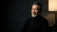 Mature Asian man with gray beard in black turtleneck smiling peacefully with eyes closed in warm indoor lighting for lifestyle and wellness content.