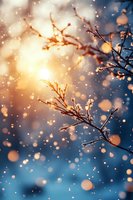 Frosty tree branches against blue winter sky with golden sunlight and falling snow creating magical bokeh effect, nature background for seasonal designs.