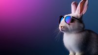 Cool white rabbit wearing mirrored sunglasses on gradient neon background. Modern fashion animal portrait with vibrant colors and urban style for creative design.