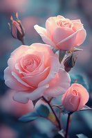 Delicate pink roses bloom against moody teal background, showcasing soft petals and unopened buds in dreamy romantic lighting, suitable for wedding and floral designs.