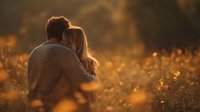 Romantic couple embracing in golden sunset field with warm light creating intimate atmosphere for love and relationship concepts.