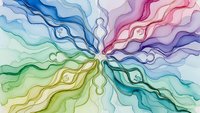 Abstract watercolor burst with flowing rainbow ribbons radiating from center in vibrant blues, pinks, greens and purples on white background.