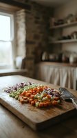 Fresh diced vegetables on wooden cutting board in rustic kitchen with knife for healthy cooking and meal preparation.