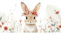Watercolor bunny with floral crown amid spring meadow flowers in soft pink and coral tones, gentle nursery art style on white background.