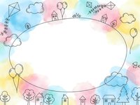 Colorful watercolor frame with hand drawn doodle elements including houses, trees, clouds and kites on white background for greeting cards and invitations.