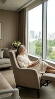 Mature Caucasian woman relaxing in luxury apartment armchair by panoramic city view window wearing cream robe enjoying peaceful morning moment.
