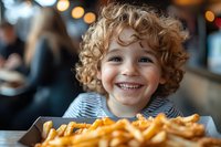 Joyful curly-haired child smiling brightly at restaurant with french fries in foreground, warm bokeh lights creating cozy atmosphere. Perfect for food service and family themes.
