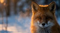 Red fox portrait in golden winter sunlight with soft bokeh background creating warm atmospheric wildlife photography for nature and animal content.