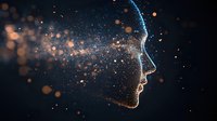 Silhouette profile of human face formed by glowing particles and light bokeh against dark background, representing artificial intelligence and digital consciousness.