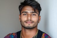 Portrait of young South Asian man with beard and earring wearing colorful ethnic pattern clothing against neutral background, expressing confidence and warmth.