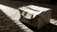 Damaged cardboard box with torn packaging sitting on cobblestone street in urban setting with dramatic lighting and shadows creating atmospheric mood.