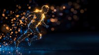 Glowing digital runner silhouette made of luminous particles against dark background with bokeh lights, representing speed, technology and motion in sports.