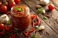 Homemade spicy tomato sauce in glass jar with fresh ingredients on rustic wooden table, garnished with basil leaf.