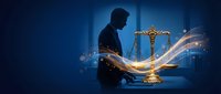 Silhouette of a businessman working at a desk beside golden scales of justice, glowing light waves, deep blue background, law and legal concept.