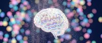 Holographic brain with iridescent rainbow colors floating against dark background with colorful bokeh lights and sparkling particles for neuroscience concepts.