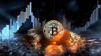 Golden cryptocurrency coin with glowing effect against digital trading chart background showing market volatility and price movement in dark setting.