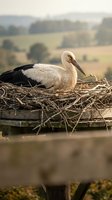 White stork sitting in large nest made of twigs and branches on wooden platform with blurred countryside landscape background during golden hour.