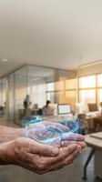 Senior businessman hands holding holographic digital technology interface in modern office environment for innovation and futuristic business concepts.