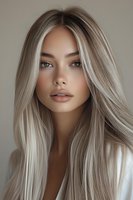 Young blonde woman with long wavy hair and natural makeup looking at camera. Professional beauty portrait for cosmetics and hair care advertising.
