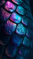 Iridescent dragon-like scales in vibrant purple, blue and turquoise colors creating mesmerizing pattern with textured surface. Macro photography reveals detailed structure.