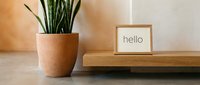 Minimalist home decor with a snake plant in a terracotta pot and a small wooden framed hello sign on a oak shelf.