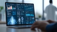 Medical professional analyzing patient data on laptop screen with digital healthcare dashboard showing anatomy scans, vital signs and diagnostic charts in modern office setting.