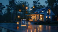 Smart home automation concept with glowing house icons floating over modern luxury villa with swimming pool at dusk, connected digital technology.