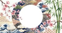 Japanese-inspired circular frame with cherry blossoms, bamboo, ocean waves and traditional patterns. Perfect for Asian-themed designs and cultural projects.