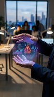 Businessman hands protecting holographic data analytics with warning alert in modern office environment for cybersecurity and risk management concepts.