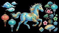 Lunar New Year clipart set with ornate horse, lanterns, clouds, blossoms, and fan, isolated on transparent background, ready for t-shirt design, stickers, and print on demand.
