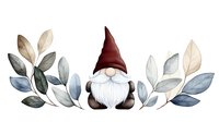 Watercolor gnome with white beard and red hat sitting between delicate blue and beige botanical leaves on white background, ready for design use.