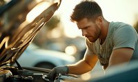 Muscular Caucasian mechanic with beard working under car hood during sunset, wearing gray t-shirt. Professional auto service and repair concept.