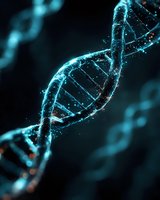 Glowing blue DNA helix structure with sparkling particles against dark background, representing genetic science and biotechnology research.