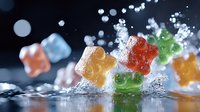 Colorful gummy bears splashing in water with droplets and dynamic motion against dark background, creating refreshing and playful food photography composition.