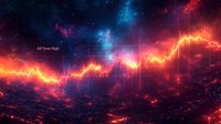 Glowing orange and blue financial chart line rising against cosmic background with grid pattern and city lights, showing market growth and success trends.