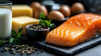 Salmon fillet with lentils, eggs, milk and fresh parsley on dark slate, representing balanced nutrition and protein-rich foods for healthy eating and meal planning.