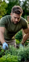 Caucasian male gardener in olive t-shirt and protective gloves tending to herb garden with focused expression. Natural outdoor setting with soft bokeh background.