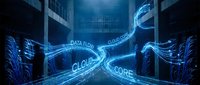 Digital data flow visualization with glowing blue light paths connecting cloud and core infrastructure in modern server room environment for technology concepts.