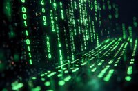 Green glowing binary code streams falling on dark background, digital data visualization with selective focus creating depth effect for technology concepts.
