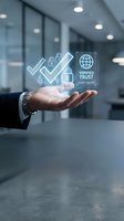 Businessman holding holographic security icons with verified trust symbol, checkmarks, and padlocks in modern office environment for cybersecurity and data protection concepts.
