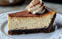 Creamy cheesecake slice with chocolate cookie crust topped with whipped cream and cocoa powder on white decorative plate, close-up view of rich dessert texture.