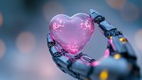 Robotic hands holding glowing pink heart with electric circuits against blurred bokeh background. Futuristic concept of artificial intelligence and emotional connection.