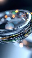 Curved glass surface with colorful bokeh lights and sparkles creating abstract macro photography composition. Soft focus background adds dreamy atmosphere.