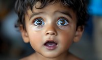 Close-up portrait of a young child with striking blue eyes and an expression of wonder and surprise against a softly blurred background.