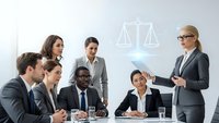 Professional blonde female lawyer presenting legal scales hologram to diverse business team in modern conference room meeting.