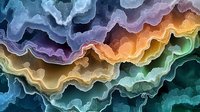 Abstract colorful layered waves resembling geological formations with blue, purple, orange, yellow, and green tones creating a fluid, organic pattern.