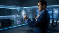 Professional businessman interacting with futuristic holographic interface displaying digital icons in modern office environment.