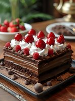 Layered chocolate cake with fresh raspberries and cherries on top, decorated with whipped cream and chocolate chips, served on dark plate. Perfect for dessert menu.