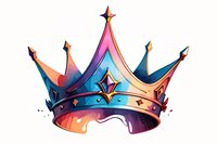 Colorful royal crown with gradient colors from pink to blue, decorated with stars and gems, artistic watercolor style on white background, isolated design element.
