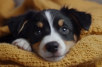 Adorable Australian Shepherd puppy with black, white and tan markings resting on cozy yellow blanket, looking directly at camera with bright eyes.